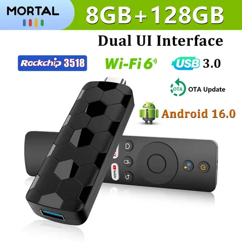 Global Version Mortal TV Dongle R3+ Android 16 Google Voice Control 128GB WiFi6 Bluetooth 5.0 RK3518 1080 4K Decode TV Stick Box