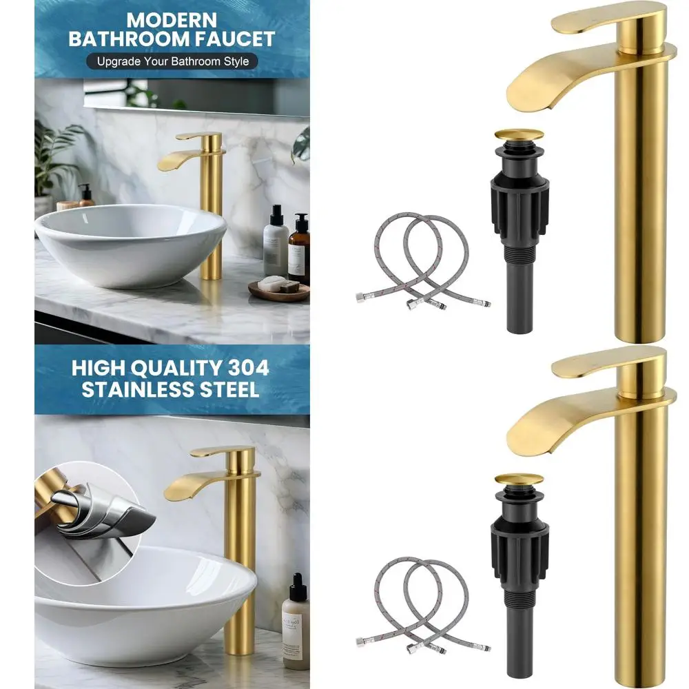 Золотой смеситель для раковины в ванной комнате с одной ручкой, изливом-водопадом и выдвижным сливом
Золотой смеситель для раковины в ванной комнате с одной ручкой, изливом-водопадом и выдвижным сливом