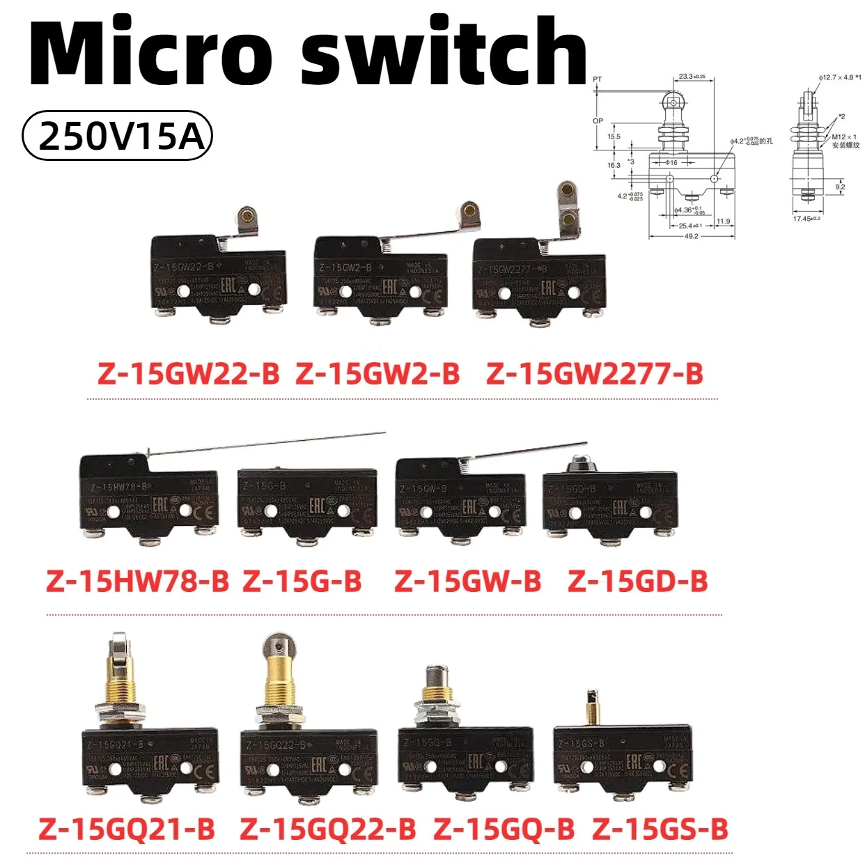 Z-15 Micro Limit Switch 15A 250VAC SPDT Omron Compatible Roller Lever / Plunger Type Industrial Snap Action Switch
Z-15 Micro Limit Switch 15A 250VAC SPDT Omron Compatible Roller Lever / Plunger Type Industrial Snap Action Switch