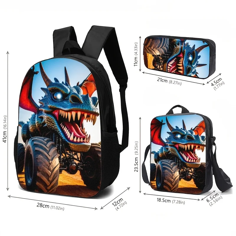 A Set of Dragon-Shaped Monster Truck Print Backpacks, Pencil Cases, And Lunch Boxes, Featuring High-Definition Digital Printing
A Set of Dragon-Shaped Monster Truck Print Backpacks, Pencil Cases, And Lunch Boxes, Featuring High-Definition Digital Printing
