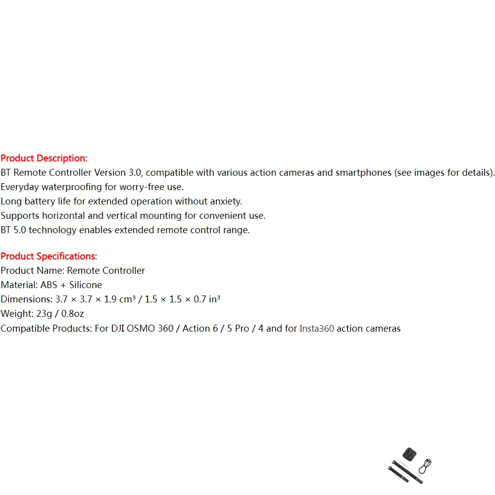 BT Remote Controller for Insta360 Go Ultra X4 Air X5 for DJI OSMO 360/Action6 /5Pro /4, 50M Range Wireless Action Remote
BT Remote Controller for Insta360 Go Ultra X4 Air X5 for DJI OSMO 360/Action6 /5Pro /4, 50M Range Wireless Action Remote