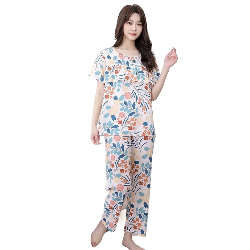 Pajamas Set, Floral Short-sleeved Nine-point Pants Artificial Cotton Loungewear Chest Pad-free Anti-convex Can Be Worn Outside
Pajamas Set, Floral Short-sleeved Nine-point Pants Artificial Cotton Loungewear Chest Pad-free Anti-convex Can Be Worn Outside