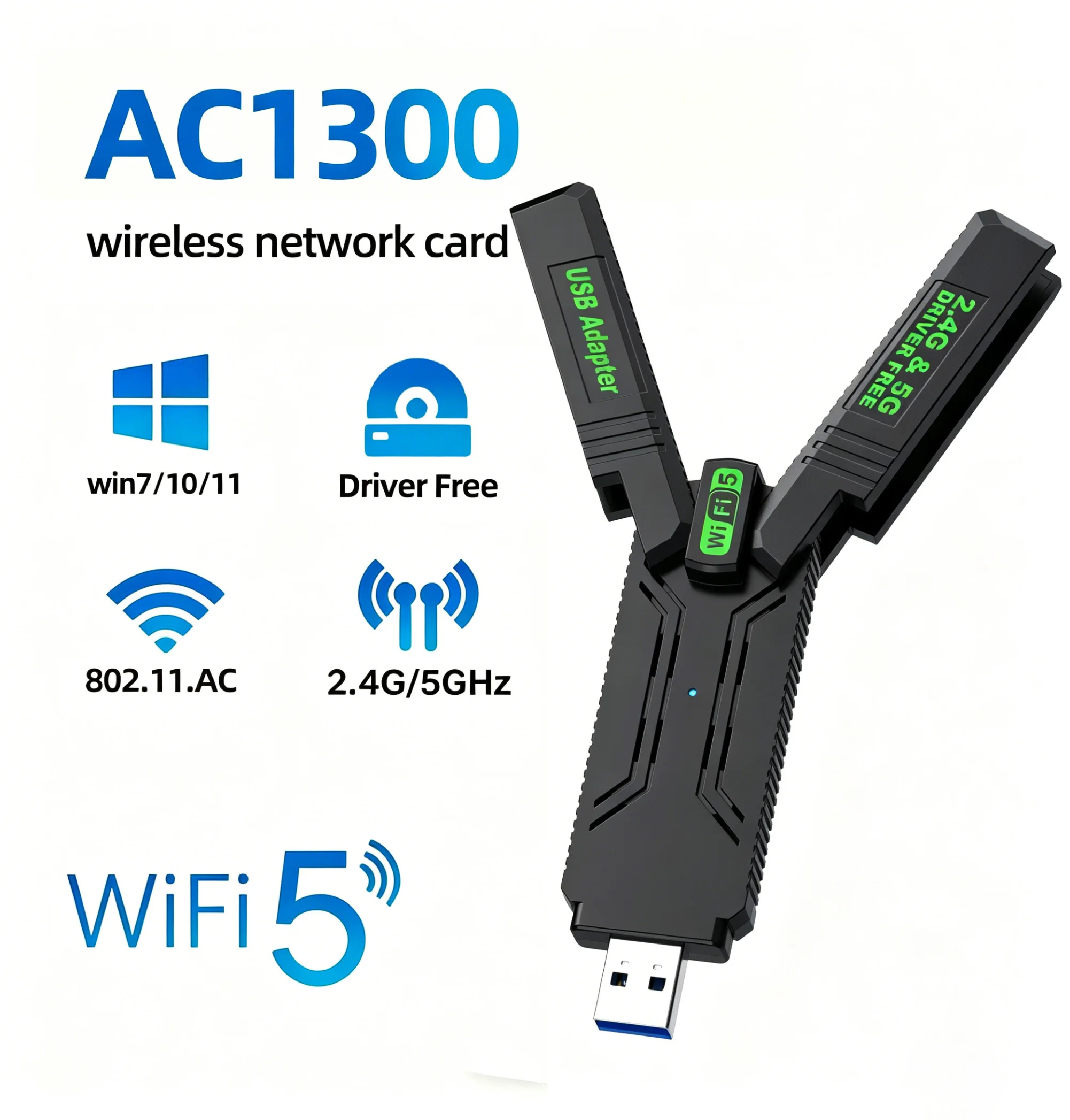 Беспроводная сетевая карта Wi-Fi 5, 1300 Мбит/с, двухдиапазонная, 2,4 ГГц и 5 ГГц, USB 3.0, высокоскоростной Wi-Fi адаптер, без драйверов, для настольных ПК и ноутбуков
Беспроводная сетевая карта Wi-Fi 5, 1300 Мбит/с, двухдиапазонная, 2,4 ГГц и 5 ГГц, USB 3.0, высокоскоростной Wi-Fi адаптер, без драйверов, для настольных ПК и ноутбуков