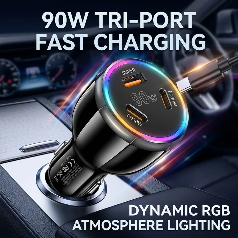 Universal 90W Car Charger Fast Charging 3 Port Adapter Dual Type C USB A with LED Multicolor Light For 12-24V Cars For iPhone 17
Universal 90W Car Charger Fast Charging 3 Port Adapter Dual Type C USB A with LED Multicolor Light For 12-24V Cars For iPhone 17