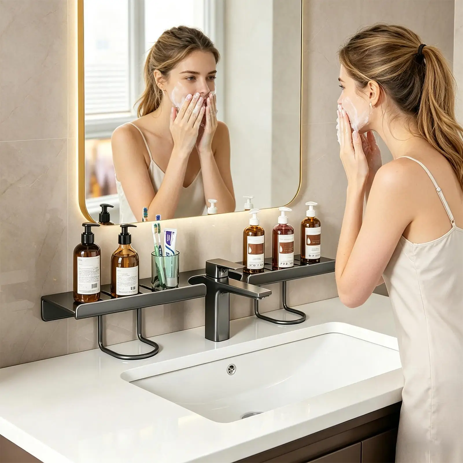 Bathroom Sink Shelf Carbon Steel Large Capacity Removable Faucet Shelf Bathroom Storage For Soap Sponge Brush Utensil Toiletry
Bathroom Sink Shelf Carbon Steel Large Capacity Removable Faucet Shelf Bathroom Storage For Soap Sponge Brush Utensil Toiletry