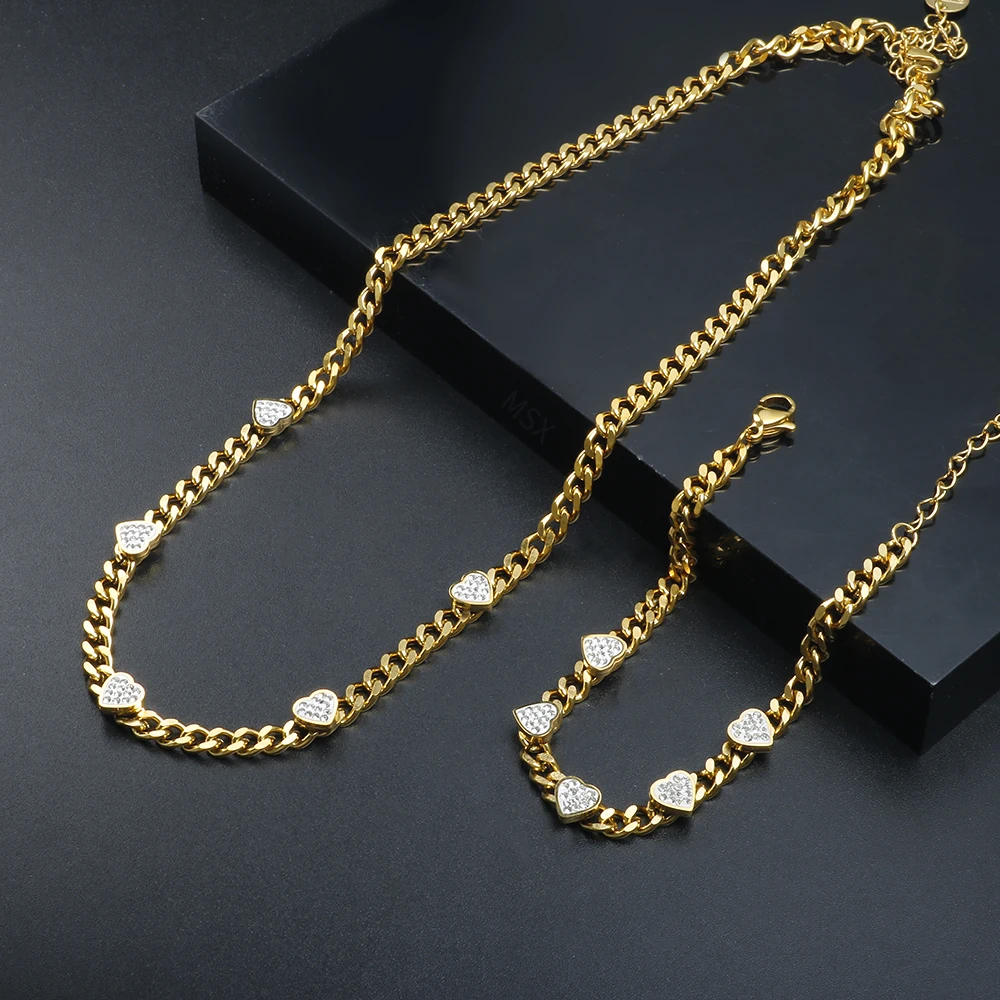 JOVO LOVE 5 Heart Crystal Pendant Necklace For Women Stainless Steel Cuban Chain Inlay Rhinestones Heart Bracelet Jewelry Set
JOVO LOVE 5 Heart Crystal Pendant Necklace For Women Stainless Steel Cuban Chain Inlay Rhinestones Heart Bracelet Jewelry Set