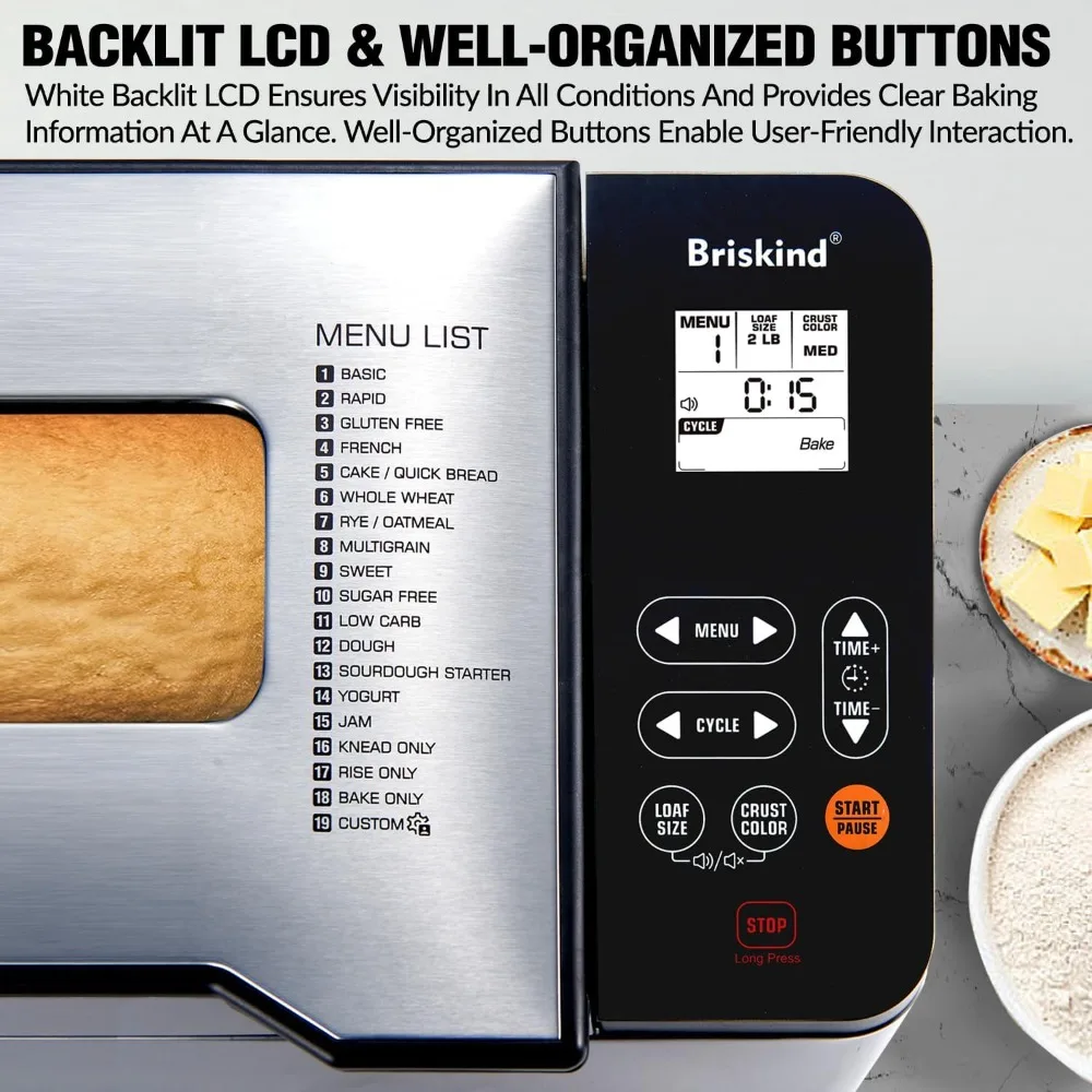 Briskind Bread Maker Machine with Ceramic Nonstick Pan, 19 Menus, 2 Pound Stainless Steel Breadmaker with Glass Touch Panel, Glu
Briskind Bread Maker Machine with Ceramic Nonstick Pan, 19 Menus, 2 Pound Stainless Steel Breadmaker with Glass Touch Panel, Glu