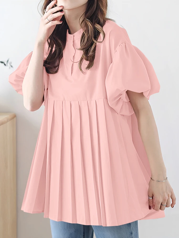 ZANZEA, женские топы-туники с рукавами-фонариками, элегантные летние повседневные блузки с круглым вырезом 2023, однотонные модные плиссированные блузки Mujer 
ZANZEA, женские топы-туники с рукавами-фонариками, элегантные летние повседневные блузки с круглым вырезом 2023, однотонные модные плиссированные блузки Mujer