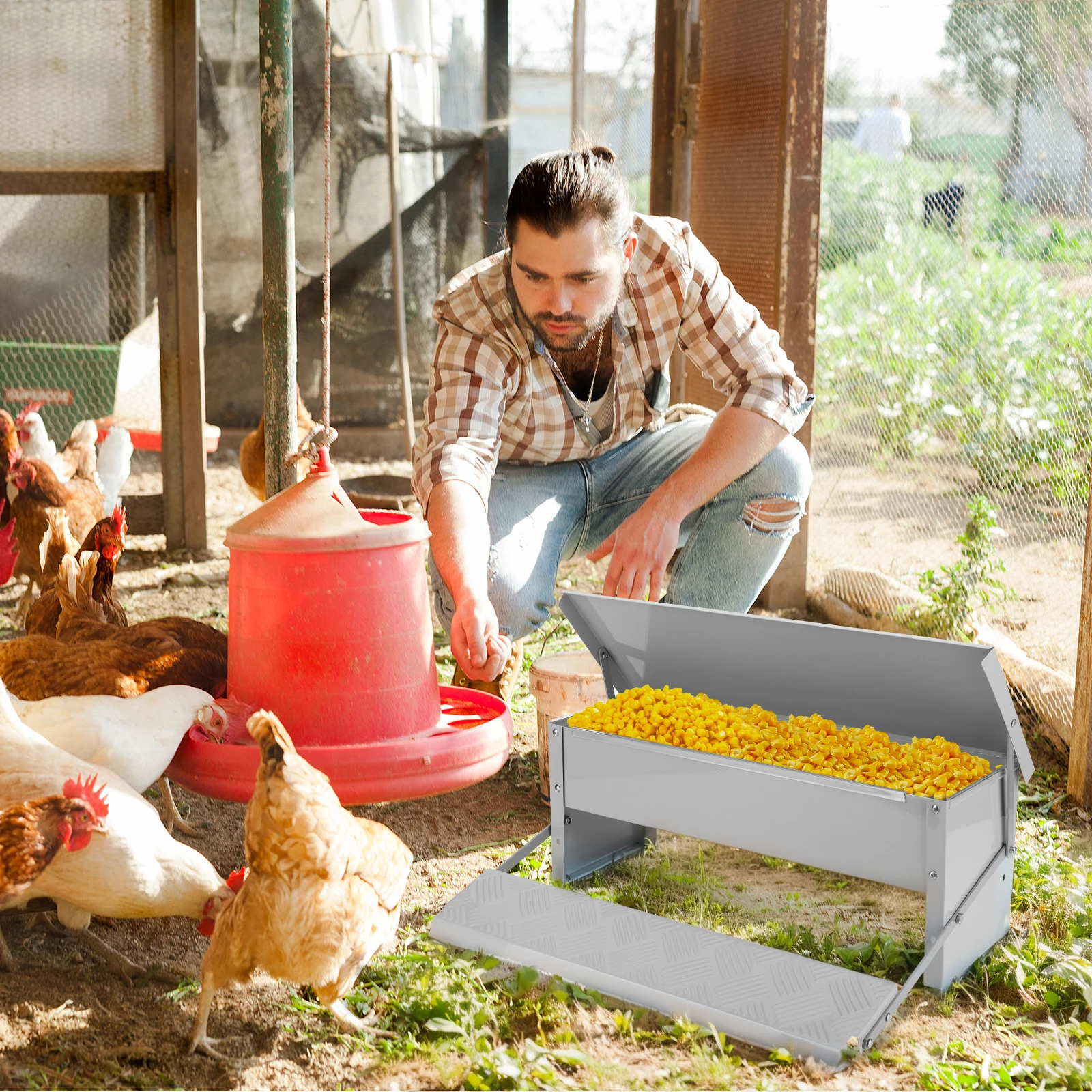 Treadle Chicken Feeder with Weatherproof Lid Rat Proof Chicken Feeder Metal Chicken Feeder for Chickens Ducks and Geese
Treadle Chicken Feeder with Weatherproof Lid Rat Proof Chicken Feeder Metal Chicken Feeder for Chickens Ducks and Geese