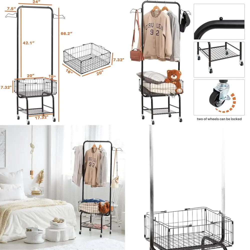 Black Rolling Laundry Cart with Hanging Bar and Wire Rack Storage
Black Rolling Laundry Cart with Hanging Bar and Wire Rack Storage