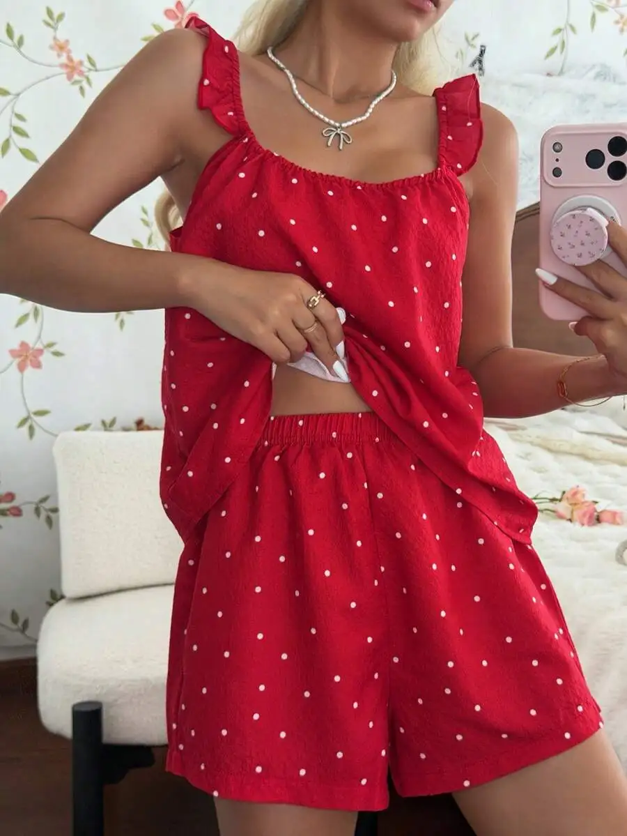 Red Polka Dot Camisole And Shorts Pajama Set For Women Summer Sleepwear
Red Polka Dot Camisole And Shorts Pajama Set For Women Summer Sleepwear