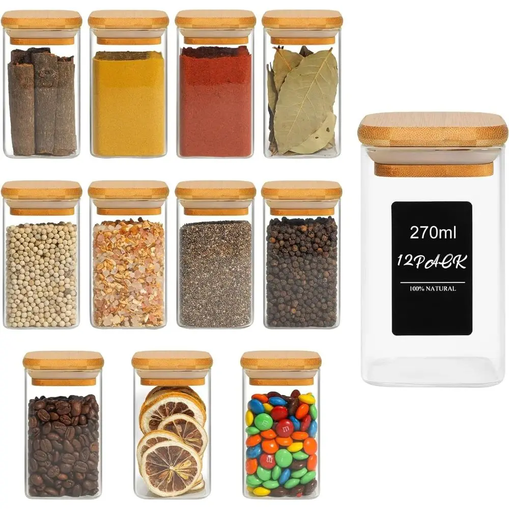 Airtight Bamboo-Lid Glass Spice Jars - 12 Pack, 270ml Square Containers for Seasoning, Salt, Sugar, Coffee, and Beans.
Airtight Bamboo-Lid Glass Spice Jars - 12 Pack, 270ml Square Containers for Seasoning, Salt, Sugar, Coffee, and Beans.