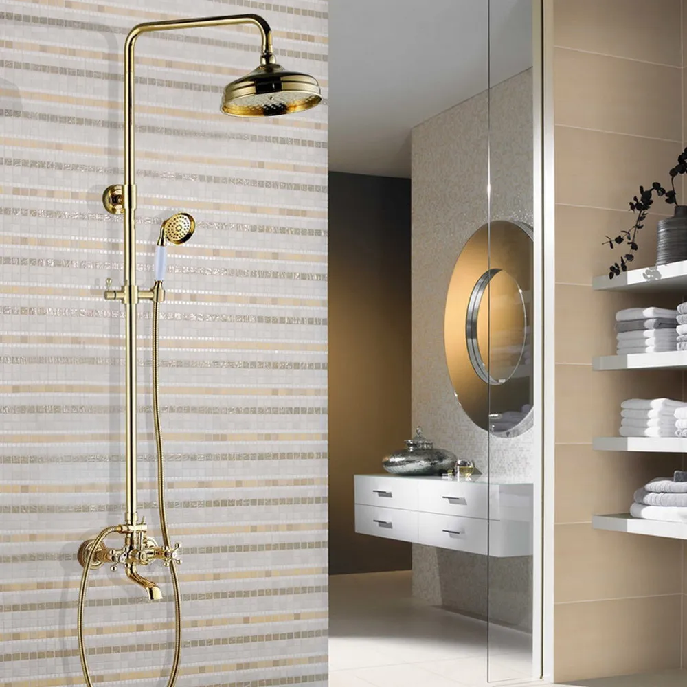 Shower Faucets Gold Color Brass Rain Shower Set Dual Handle Wall Mount Bathroom Faucet With Handshower zgf351
Shower Faucets Gold Color Brass Rain Shower Set Dual Handle Wall Mount Bathroom Faucet With Handshower zgf351