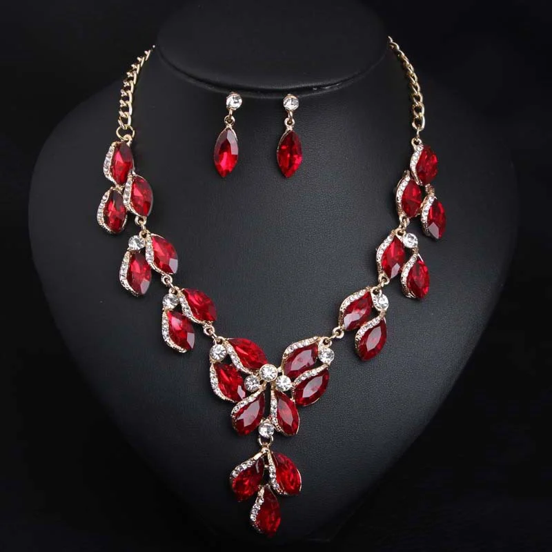 Red Crystal Leaf Jewelry Set, Gold Plated Statement Necklace & Drop Earrings for Women Evening Party
Red Crystal Leaf Jewelry Set, Gold Plated Statement Necklace & Drop Earrings for Women Evening Party