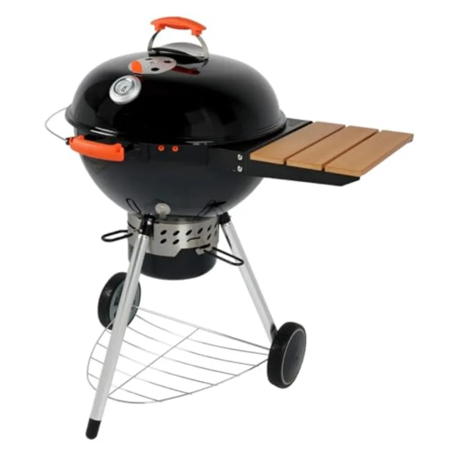 Outdoor charcoal kettle BBQ grill with side table, steel construction, black finish, features integrated smoker and adjustable
Outdoor charcoal kettle BBQ grill with side table, steel construction, black finish, features integrated smoker and adjustable