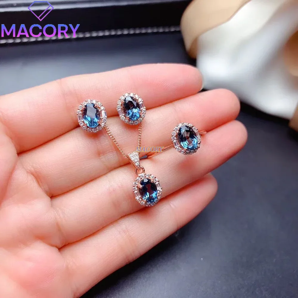 New Fashion Set 925 Sterling Silver Natural London Blue Topaz Ring Necklace Stud Earrings Set of Three Women
New Fashion Set 925 Sterling Silver Natural London Blue Topaz Ring Necklace Stud Earrings Set of Three Women