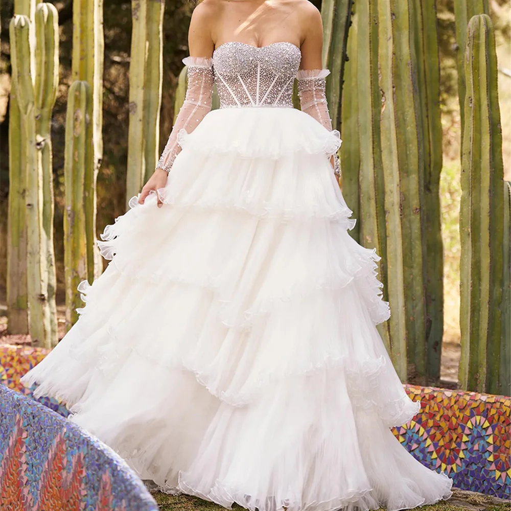 Off the Shoulder Straight 3/4 Sleeves Tulle Floor Length Sweep Train White Tiered Beading Crystal Bespoke Occasion Gowns Classic
Off the Shoulder Straight 3/4 Sleeves Tulle Floor Length Sweep Train White Tiered Beading Crystal Bespoke Occasion Gowns Classic