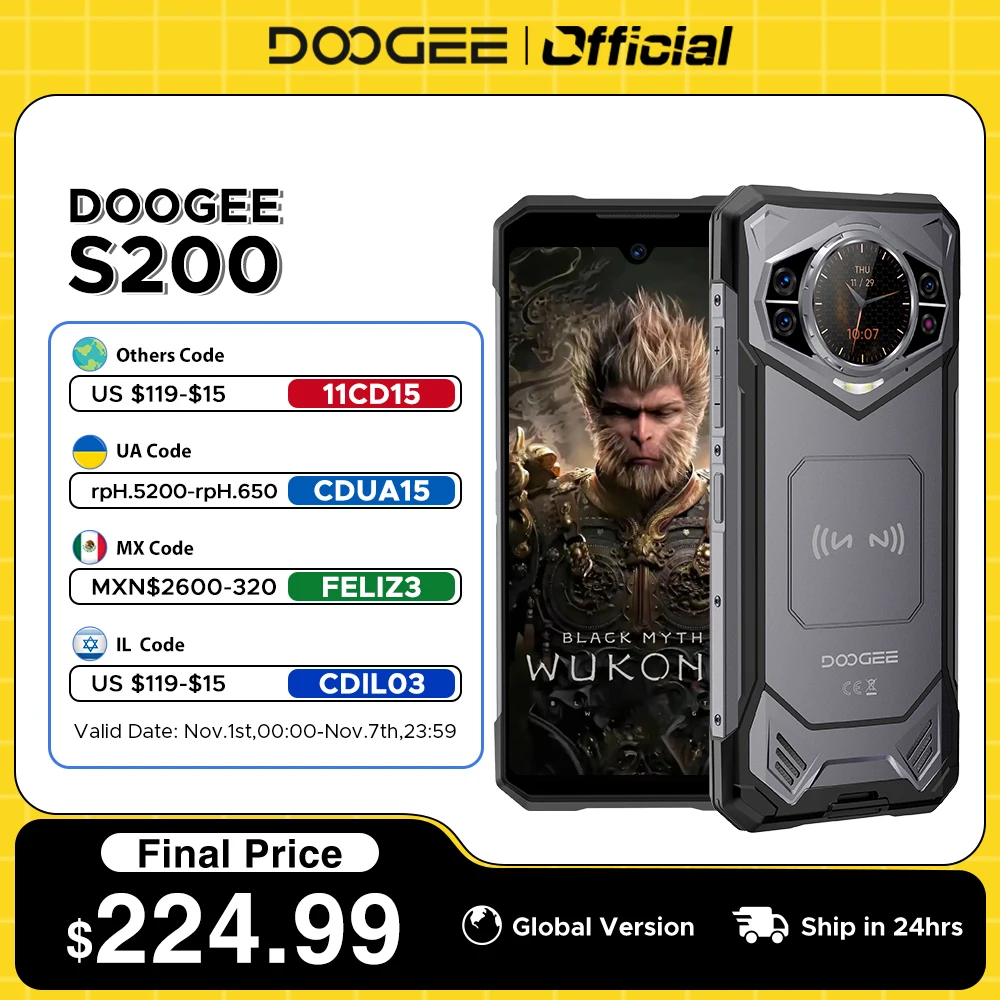World Premiere DOOGEE S200 5G Rugged Phone 6.72" 120Hz Display 12GB RAM 256GB ROM 100MP AI Main Camera 10100mAh Android 14 NFC
World Premiere DOOGEE S200 5G Rugged Phone 6.72" 120Hz Display 12GB RAM 256GB ROM 100MP AI Main Camera 10100mAh Android 14 NFC