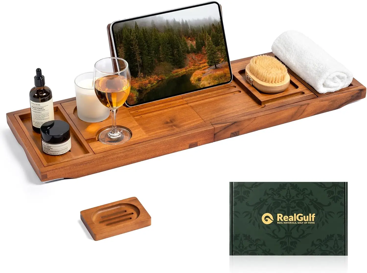 Teak Bathtub Tray with Wine Glass Holder, Phone Dock & Book Stand for Hands-Free Spa Relaxation
Teak Bathtub Tray with Wine Glass Holder, Phone Dock & Book Stand for Hands-Free Spa Relaxation
