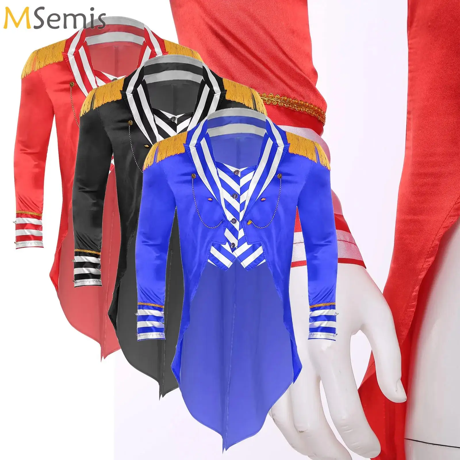 Men Circus Ringmaster Costume Striped Long Sleeves Tassel Epaulets Showman Satin Tail Coat for Halloween Theme Party Fancy Dress 
Men Circus Ringmaster Costume Striped Long Sleeves Tassel Epaulets Showman Satin Tail Coat for Halloween Theme Party Fancy Dress