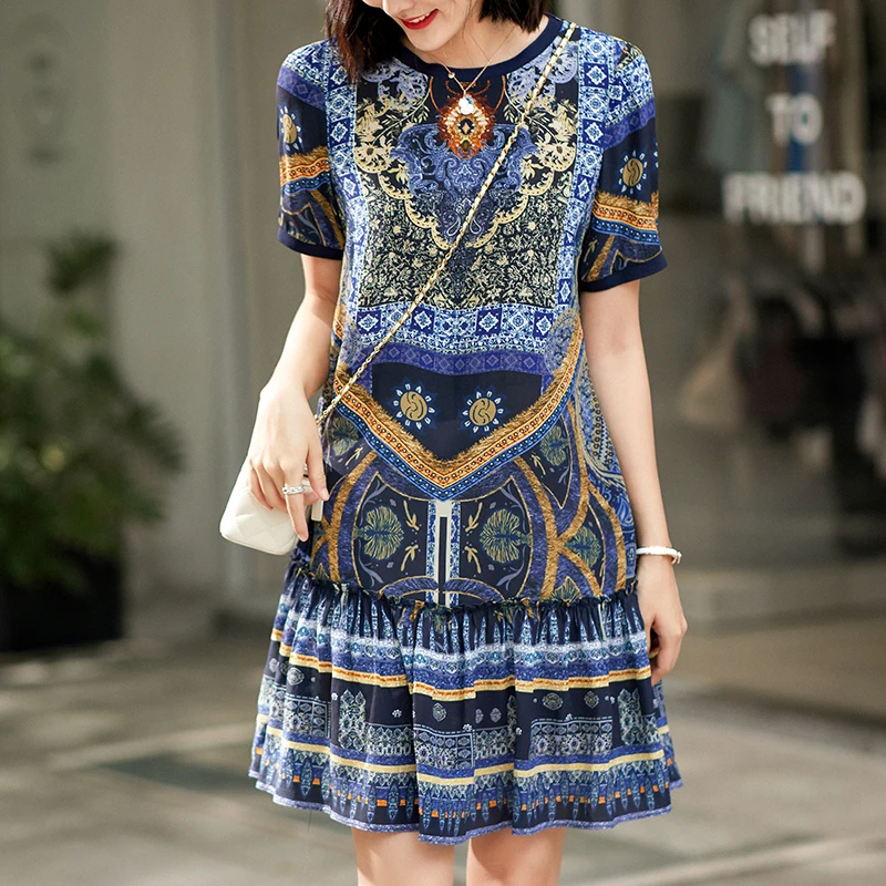 Elegant Fashion Dresses For Women Summer Short Sleeve Women's Vintage Print Dress 100% Real Silk Ruffles Woman Mermaid Dress
Elegant Fashion Dresses For Women Summer Short Sleeve Women's Vintage Print Dress 100% Real Silk Ruffles Woman Mermaid Dress