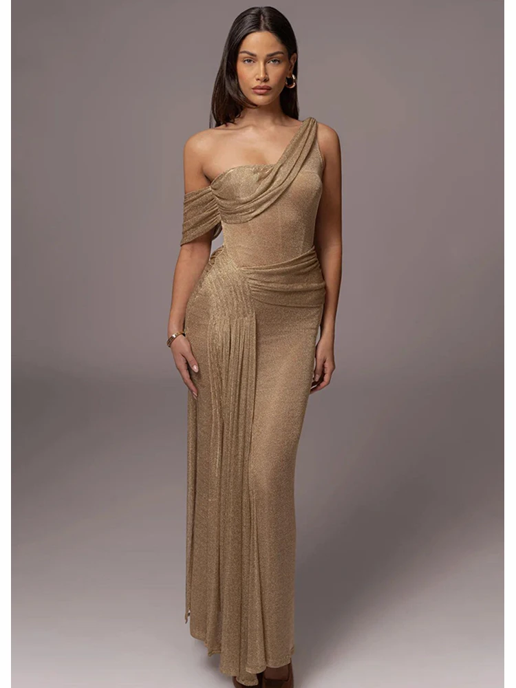 Stylish and Glamorous Women's One-Shoulder Off-Shoulder Gold Maxi Dress Ruched Detailing Bodycon Fit Ideal for Evening Parties
Stylish and Glamorous Women's One-Shoulder Off-Shoulder Gold Maxi Dress Ruched Detailing Bodycon Fit Ideal for Evening Parties