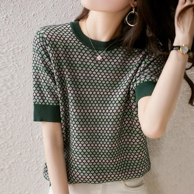 Sueters De Mujer Short Sleeve Knitted Sweater Women Pullovers New O-Neck Plaid Knit Sweater Pullover Women Tops Knitwears Q2780
Sueters De Mujer Short Sleeve Knitted Sweater Women Pullovers New O-Neck Plaid Knit Sweater Pullover Women Tops Knitwears Q2780