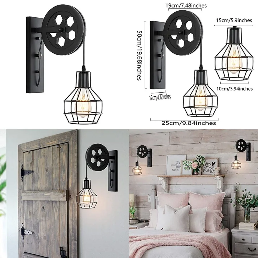 1-Light Rustic Wall Light Lift Pulley with Matte Iron Cage Lampshade Industrial Mid Century Sconce for Indoor Lighting Barn Res
1-Light Rustic Wall Light Lift Pulley with Matte Iron Cage Lampshade Industrial Mid Century Sconce for Indoor Lighting Barn Res