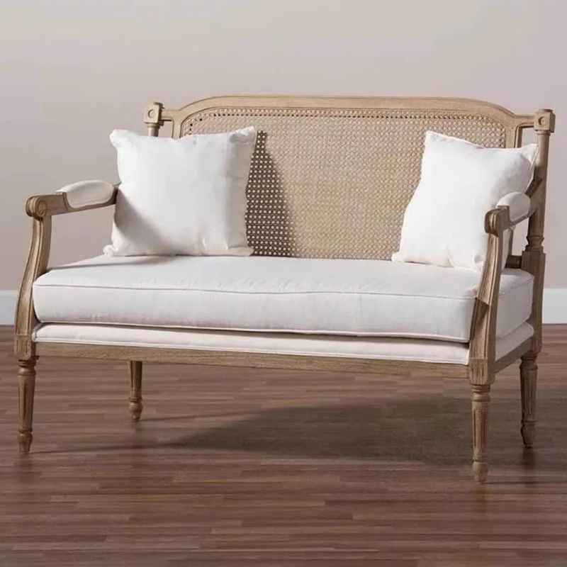 French solid wood natural rattan double sofa vintage distressed single lounge chair
French solid wood natural rattan double sofa vintage distressed single lounge chair