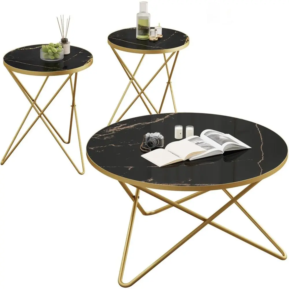 Round Coffee Table Set of 3 with Gold Legs and Black Marble Tops for Living Room, Bedroom, or Sofa Area
Round Coffee Table Set of 3 with Gold Legs and Black Marble Tops for Living Room, Bedroom, or Sofa Area
