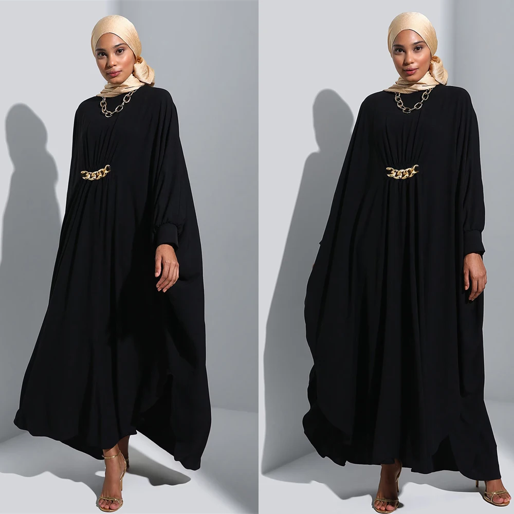 Fashion Chain Patchwork Black Muslim Dress Woman Batwing Sleeve O-Neck Maxi Dresses Vintage Party Sundress Oversized Solid Robe
Fashion Chain Patchwork Black Muslim Dress Woman Batwing Sleeve O-Neck Maxi Dresses Vintage Party Sundress Oversized Solid Robe