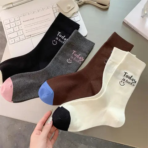 Long Run Home Color Blocking Letter Smiley Face Korean Style Couples Socks Versatile Casual Sports Socks Couples Middle Tube Soc