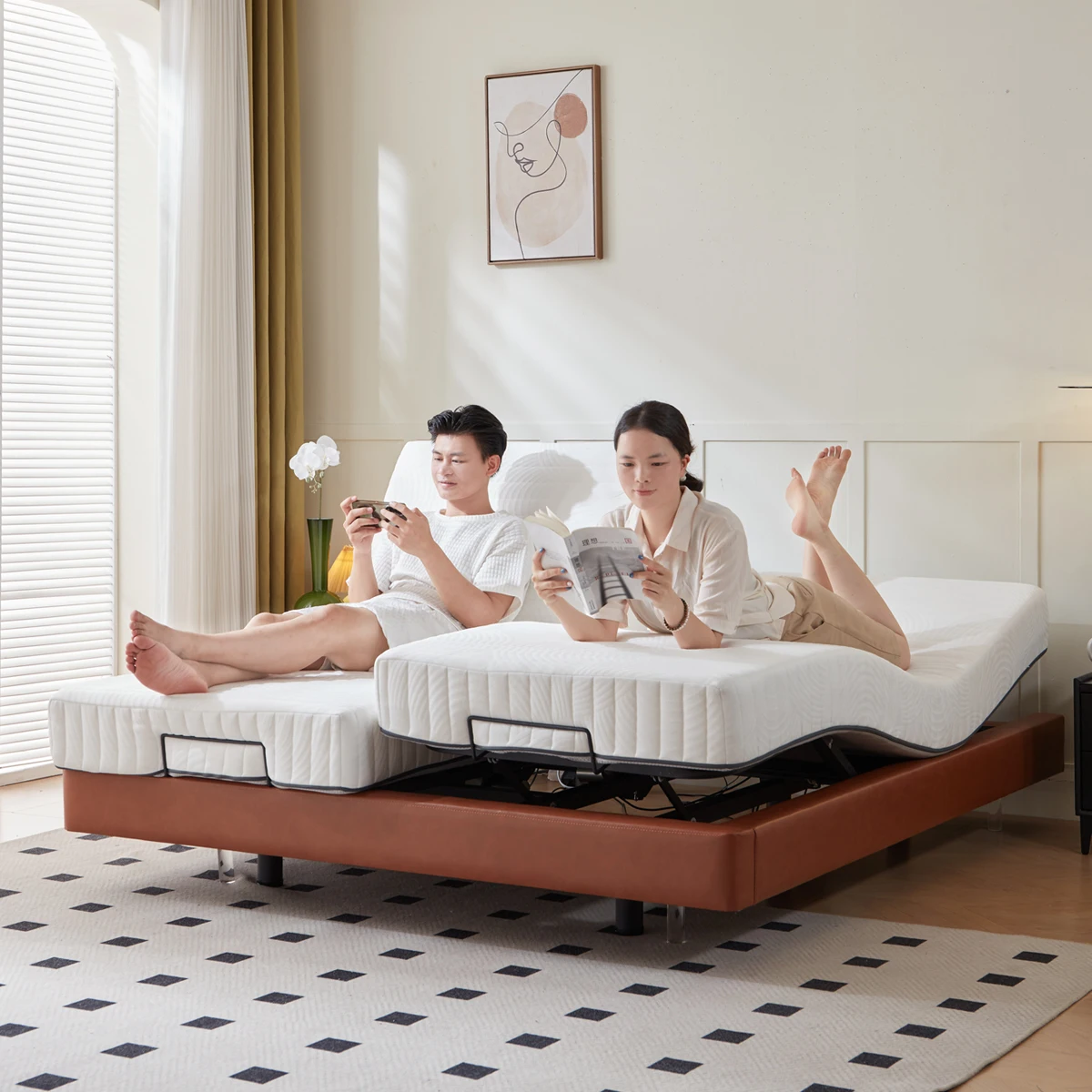 Электрическая умная кровать с легкой подвеской, многофункциональная семейная кровать, регулируемая электрическая подъемная двуспальная кровать King
Электрическая умная кровать с легкой подвеской, многофункциональная семейная кровать, регулируемая электрическая подъемная двуспальная кровать King