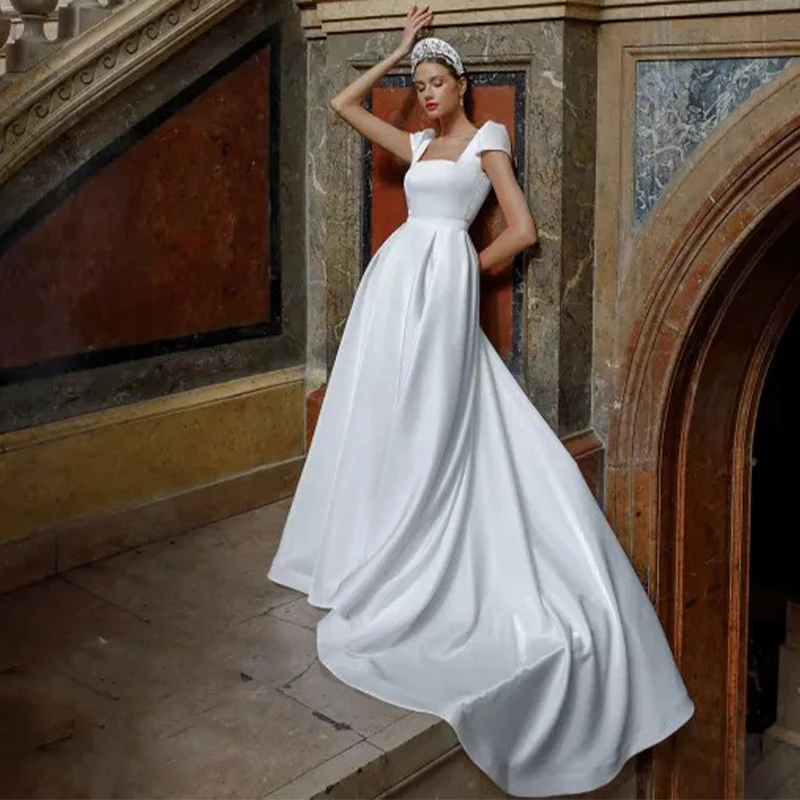 Vintage Short Cap Sleeves Satin A Line Wedding Dresses Boat Neck Lace Up Back Bridal Gown Vestido De Noiva
Vintage Short Cap Sleeves Satin A Line Wedding Dresses Boat Neck Lace Up Back Bridal Gown Vestido De Noiva