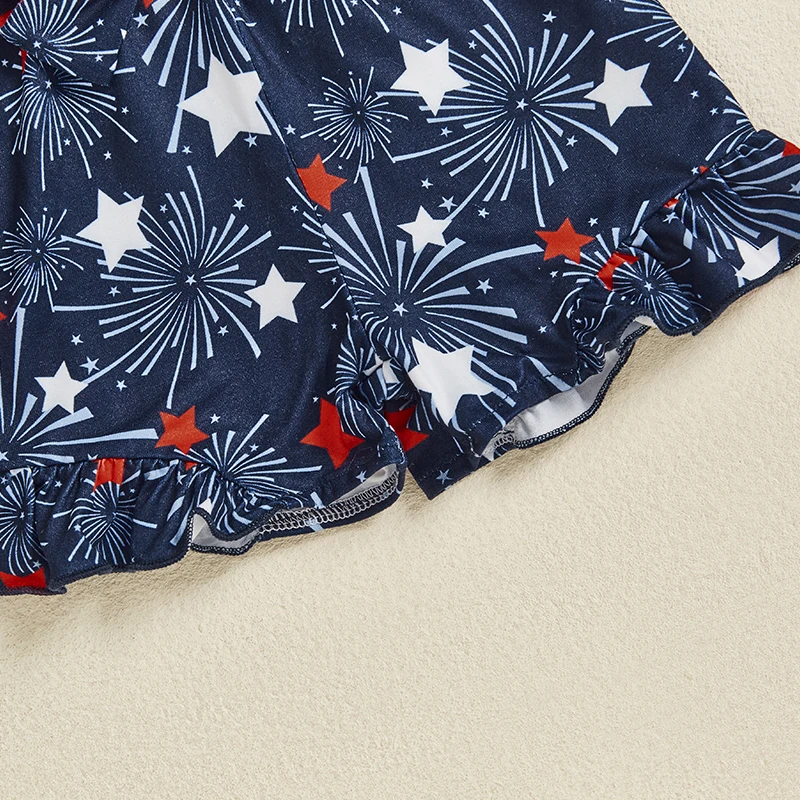 Kid Girl 4th of July Overalls Shorts Fireworks Stars Print Sleeveless Tie-up Strap Romper with Belt
Kid Girl 4th of July Overalls Shorts Fireworks Stars Print Sleeveless Tie-up Strap Romper with Belt