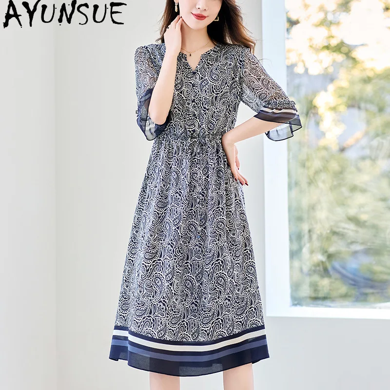 AYUNSUE Silk Double Crepe Dress for Woman Fashion V-neck Printed Dresses Elegant Luxury Dress High Quality Woman Clothes Платье
AYUNSUE Silk Double Crepe Dress for Woman Fashion V-neck Printed Dresses Elegant Luxury Dress High Quality Woman Clothes Платье
