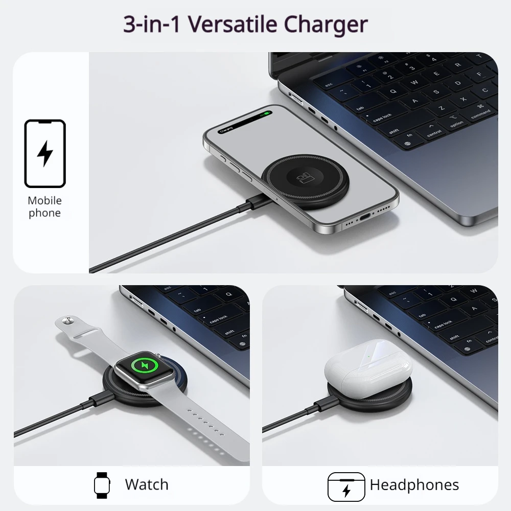 15W 3-in-1 Foldable Magnetic Wireless Charger, Strong Magnetic Absorption, Charges Phone Watch Earbuds Simultaneously
15W 3-in-1 Foldable Magnetic Wireless Charger, Strong Magnetic Absorption, Charges Phone Watch Earbuds Simultaneously