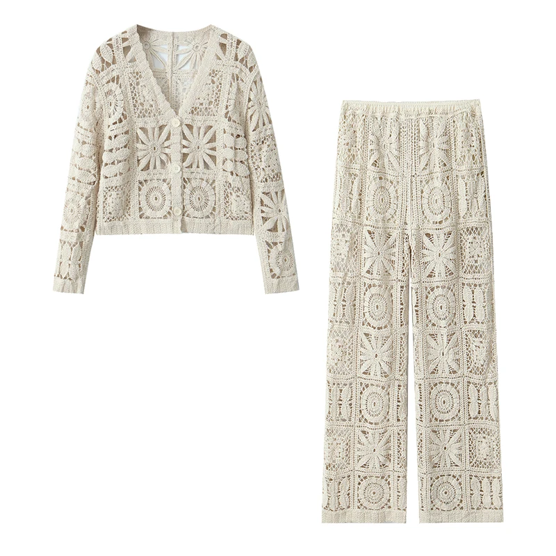 French Lazy Style Tops Pants Set Flower Hollow Out Crochet Knitted Suit Woman Casual Spring Summer Button-up Cardigan Outerwear
French Lazy Style Tops Pants Set Flower Hollow Out Crochet Knitted Suit Woman Casual Spring Summer Button-up Cardigan Outerwear
