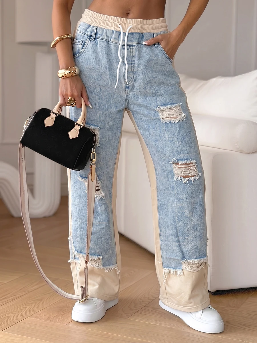 Women High Waist Ripped Wide Leg Jeans Contrast Color Drawstring Pocket Casual Streetwear Y2K Vacation Women's Denim Pants
Women High Waist Ripped Wide Leg Jeans Contrast Color Drawstring Pocket Casual Streetwear Y2K Vacation Women's Denim Pants