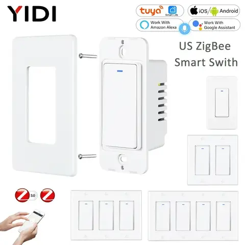 US AU ZigBee 3.0 Tuya Smart Life สวิตช์ปุ่มกดไร้สายเสียงผนังรีโมทคอนโทรลสอง Neutral USA 1 2 3 4 GANG