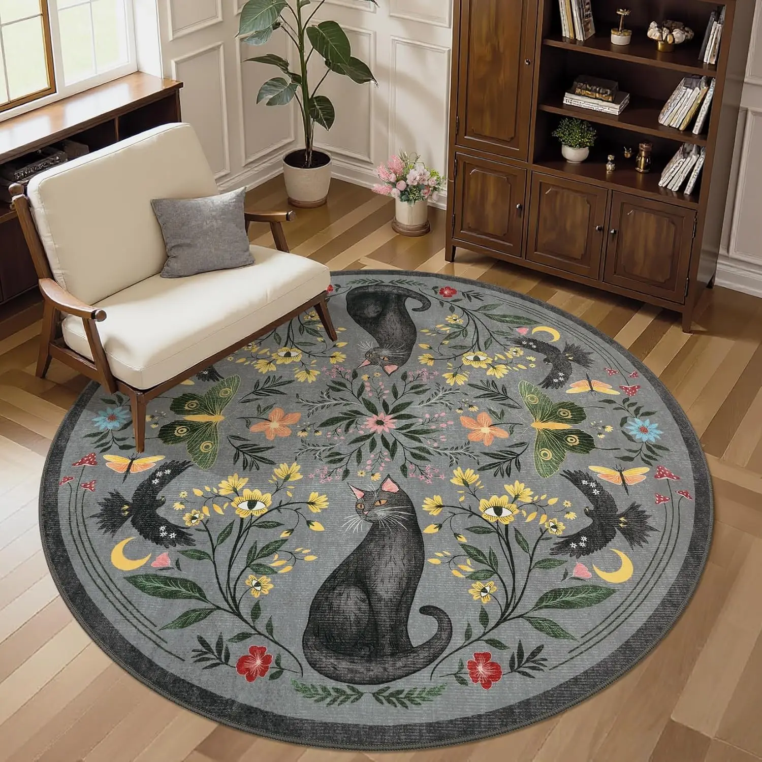 Mystical Cat Garden Round Rug Gray Base Black Cat Moths Flowers and Moon Motifs
Mystical Cat Garden Round Rug Gray Base Black Cat Moths Flowers and Moon Motifs