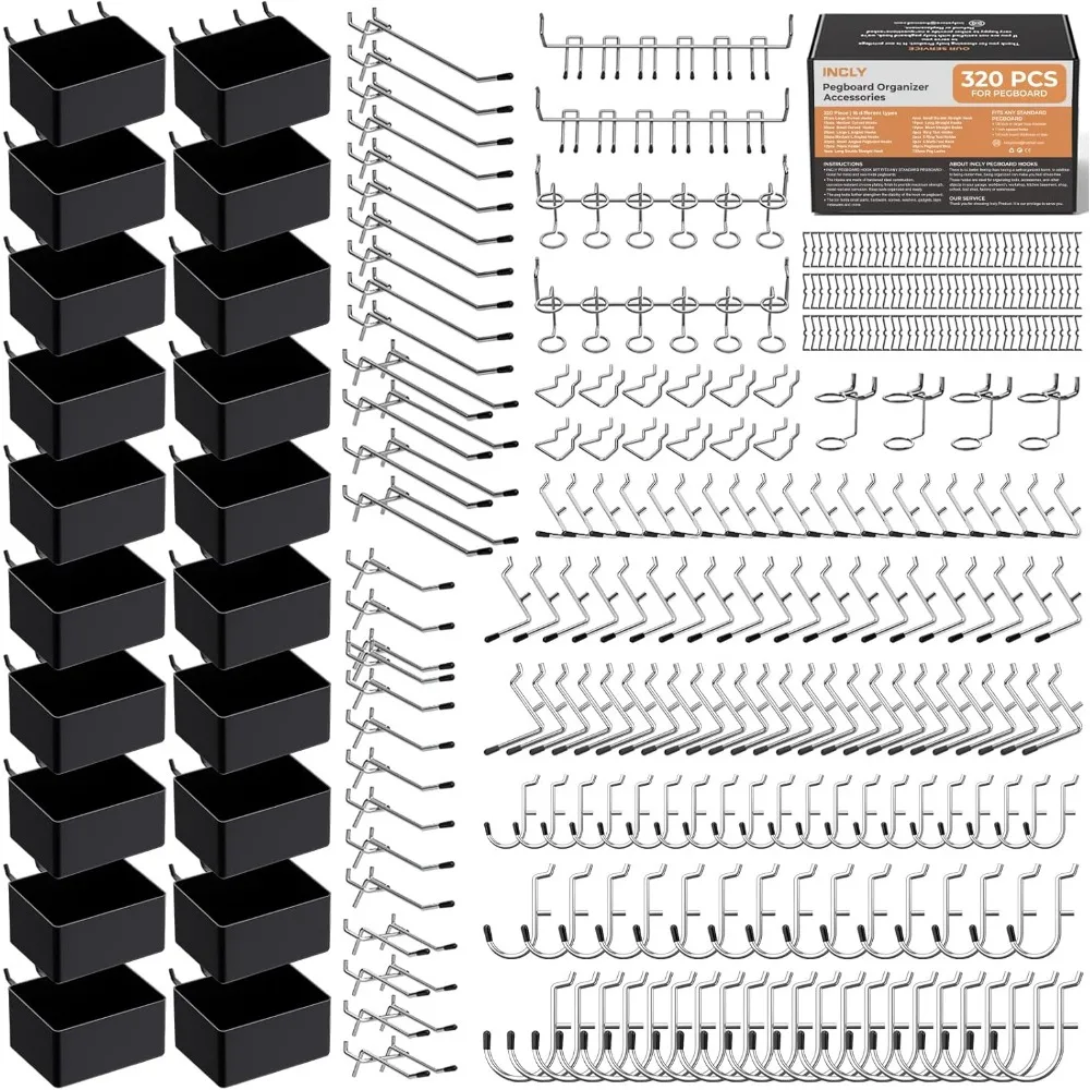 320 Piece Pegboard Organizer Kit with Hooks and Bins for Garage Wall Storage Fits 1/8 or 1/4 Inch Boards
320 Piece Pegboard Organizer Kit with Hooks and Bins for Garage Wall Storage Fits 1/8 or 1/4 Inch Boards