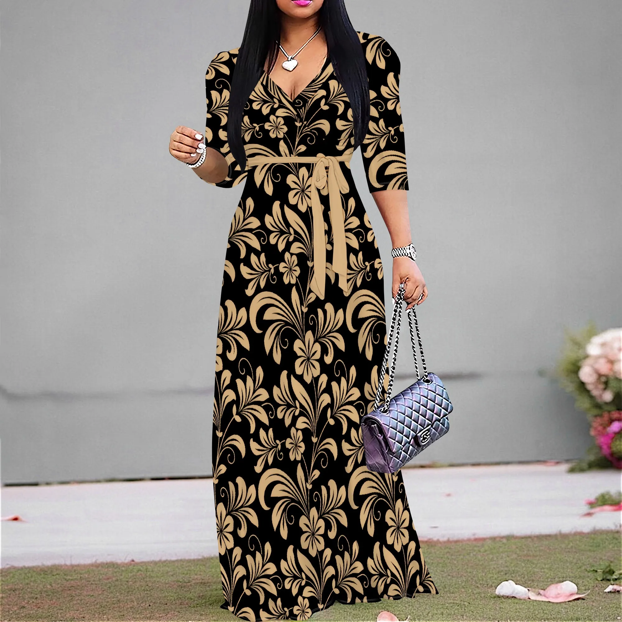 Black Beige Vintage Floral Print Maxi Dress Women Elegant Belted Half Sleeve Party Wear 
Black Beige Vintage Floral Print Maxi Dress Women Elegant Belted Half Sleeve Party Wear