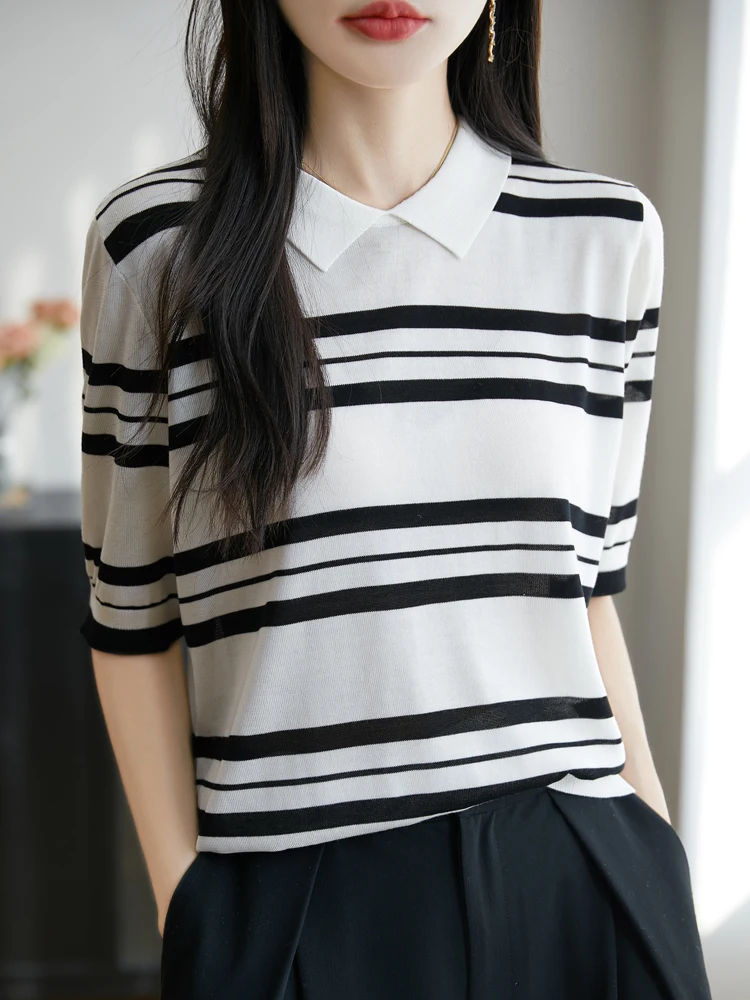 New Summer Short Sleeves lapel T-Shirt Lyocell Stripe T-Shirt Women's High Grade T-Shirt Fashion Comfortable Leisure T-Shirt Top
New Summer Short Sleeves lapel T-Shirt Lyocell Stripe T-Shirt Women's High Grade T-Shirt Fashion Comfortable Leisure T-Shirt Top