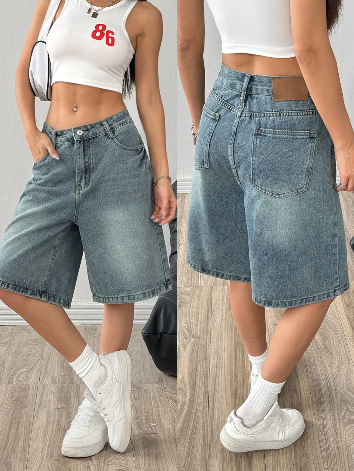 Retro washed distressed denim shorts, women's loose casual wide-leg pants, capri pants
Retro washed distressed denim shorts, women's loose casual wide-leg pants, capri pants