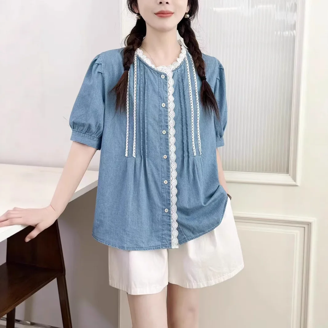 Japanese Vintage Mori Girl Lace Patchwork Denim Cotton Shirts Women Summer New O-Neck Short Sleeve Casual Denim Blouse Tops
Japanese Vintage Mori Girl Lace Patchwork Denim Cotton Shirts Women Summer New O-Neck Short Sleeve Casual Denim Blouse Tops