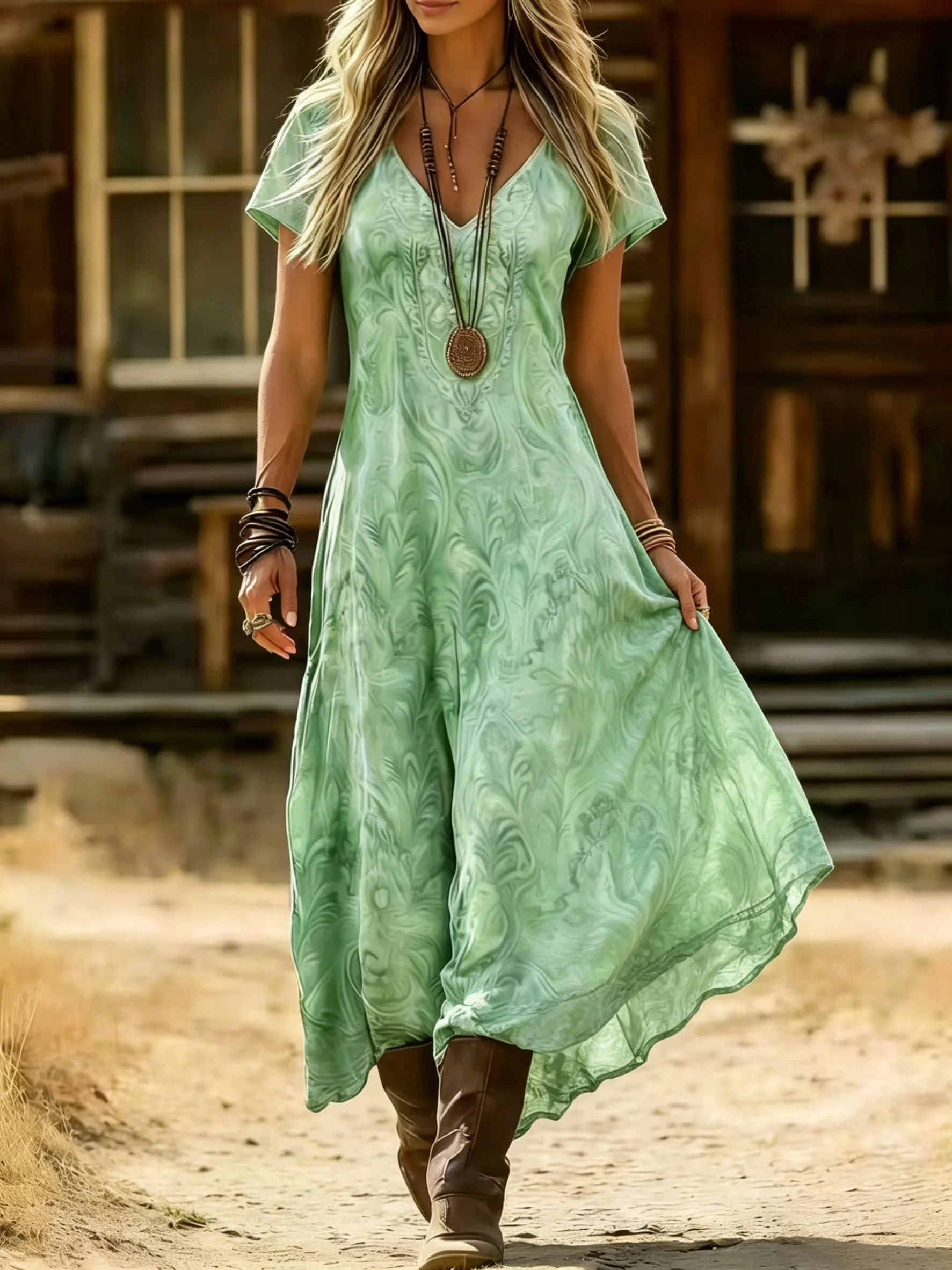 Printed Design - No Texture Women's New Summer Vintage Ethnic Style Printed V-Neck Short Sleeve Dress, Bohemian Casual Dress - Soft Stretchy Material, Tribal Style, Fashionable Long Dress, Vacation Dress
Printed Design - No Texture Women's New Summer Vintage Ethnic Style Printed V-Neck Short Sleeve Dress, Bohemian Casual Dress - Soft Stretchy Material, Tribal Style, Fashionable Long Dress, Vacation Dress