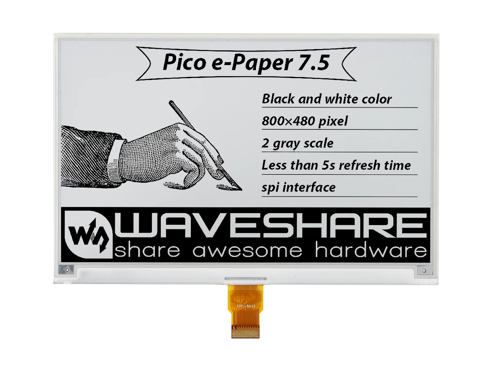 Pico-ePaper-7,5, 7,5-дюймовый модуль дисплея E-Paper E-Ink для Raspberry Pi Pico, 800×480 пикселей, черный/белый, интерфейс SPI
Pico-ePaper-7,5, 7,5-дюймовый модуль дисплея E-Paper E-Ink для Raspberry Pi Pico, 800×480 пикселей, черный/белый, интерфейс SPI