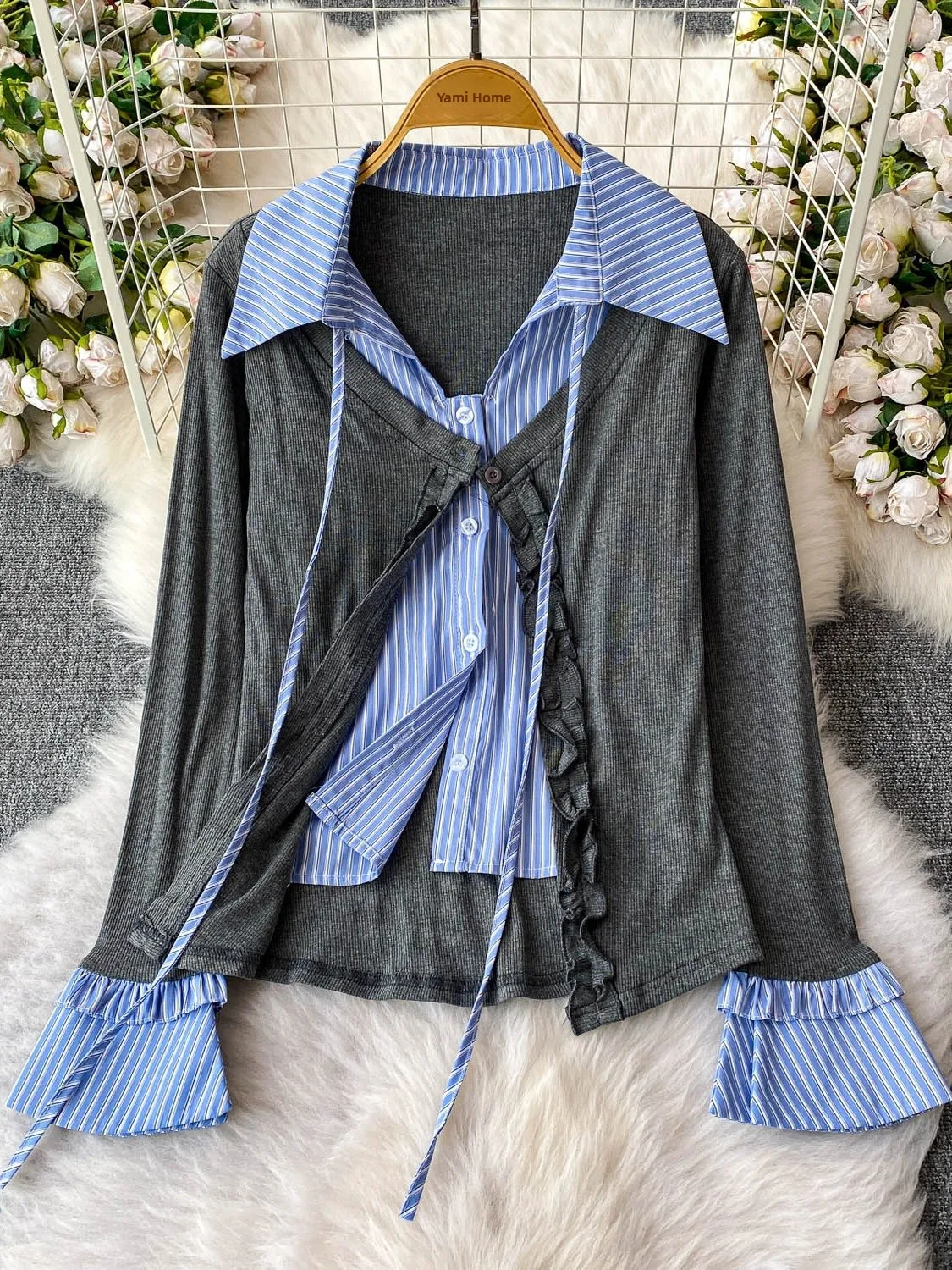 Женская полосатая лоскутная футболка Bell Sve irt с завязками и воротником-стойкой, осенний дизайн, корейская футболка с высокой талией для поездок на работу Faion
Женская полосатая лоскутная футболка Bell Sve irt с завязками и воротником-стойкой, осенний дизайн, корейская футболка с высокой талией для поездок на работу Faion