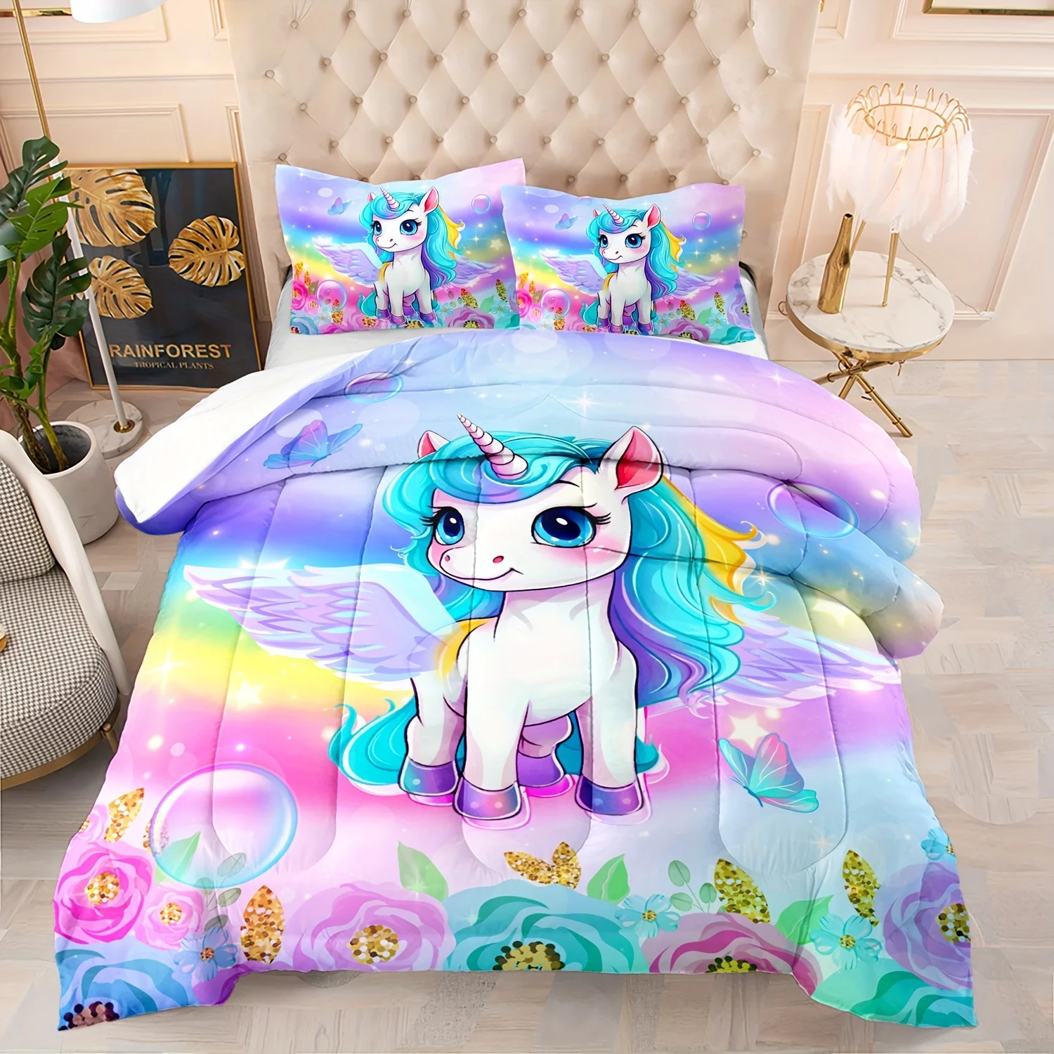 3-Piece Unicorn-Themed Comforter Set – Soft Quilt with Butterfly, Rainbow, Floral & Star Prints + 2 Matching Pillowcases (No Pillow Insert)
3-Piece Unicorn-Themed Comforter Set – Soft Quilt with Butterfly, Rainbow, Floral & Star Prints + 2 Matching Pillowcases (No Pillow Insert)